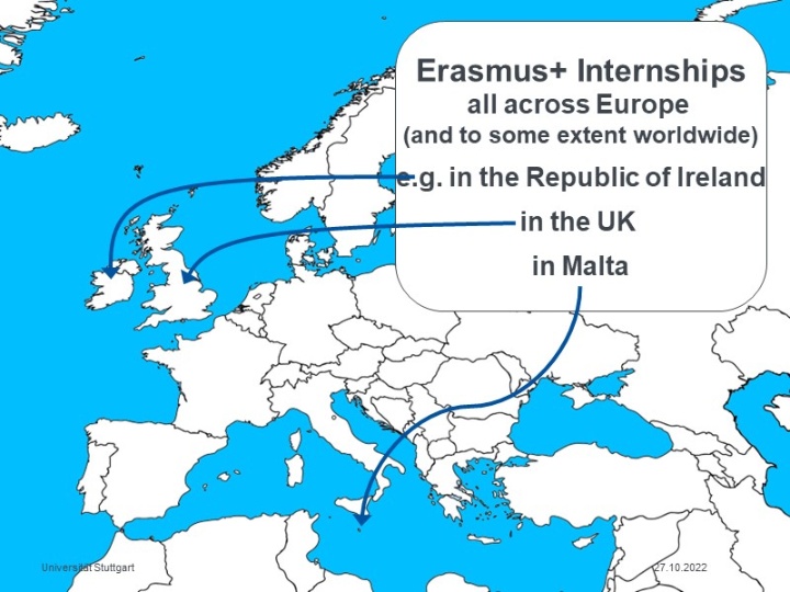 Europakarte mit markierten englischsprachigen Ländern für Praktika