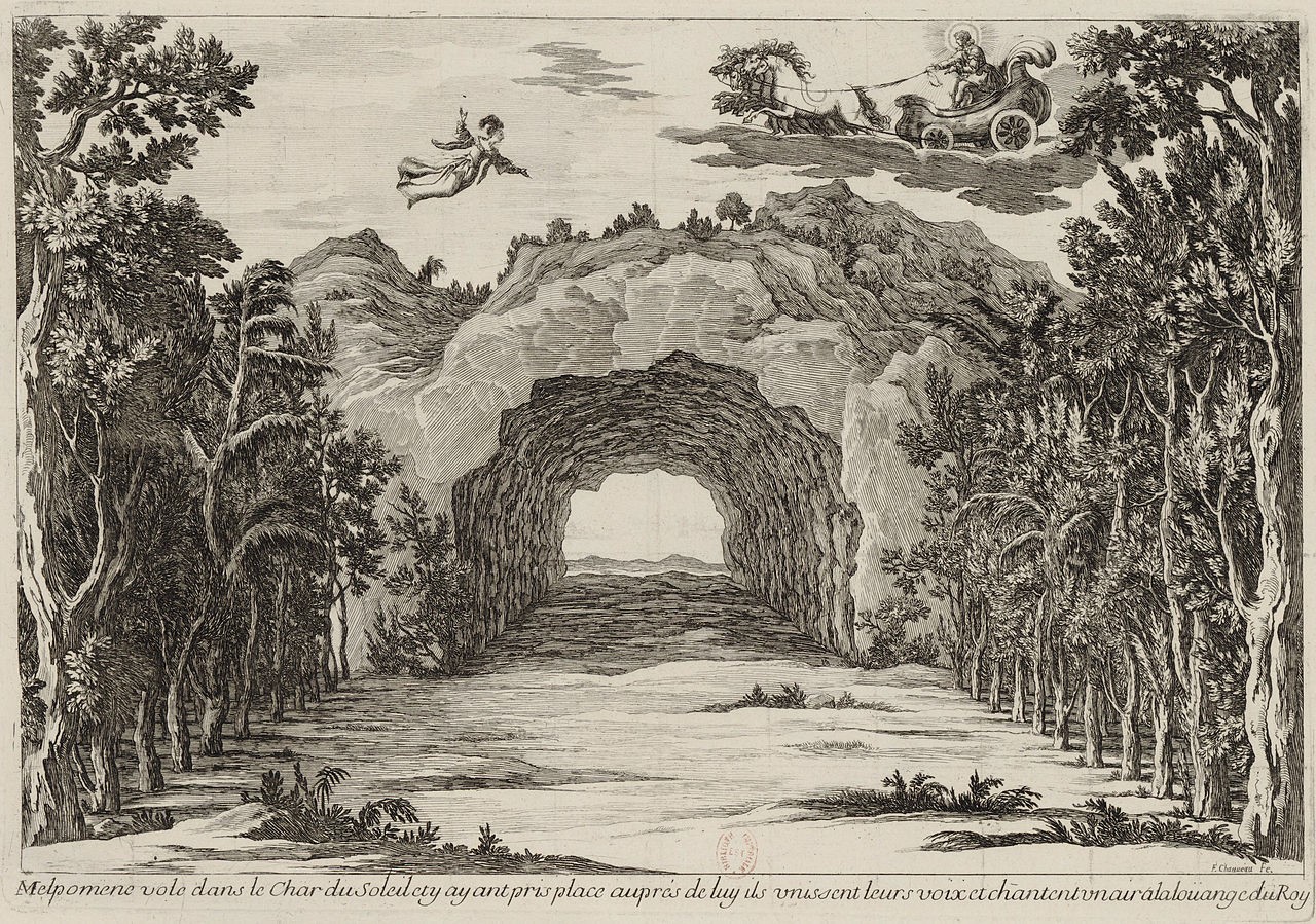 Melpomene vole dans le Char du Soleil et ayant pris place auprès de luy ils unissent leurs voix et chantent un air à la louange du Roy