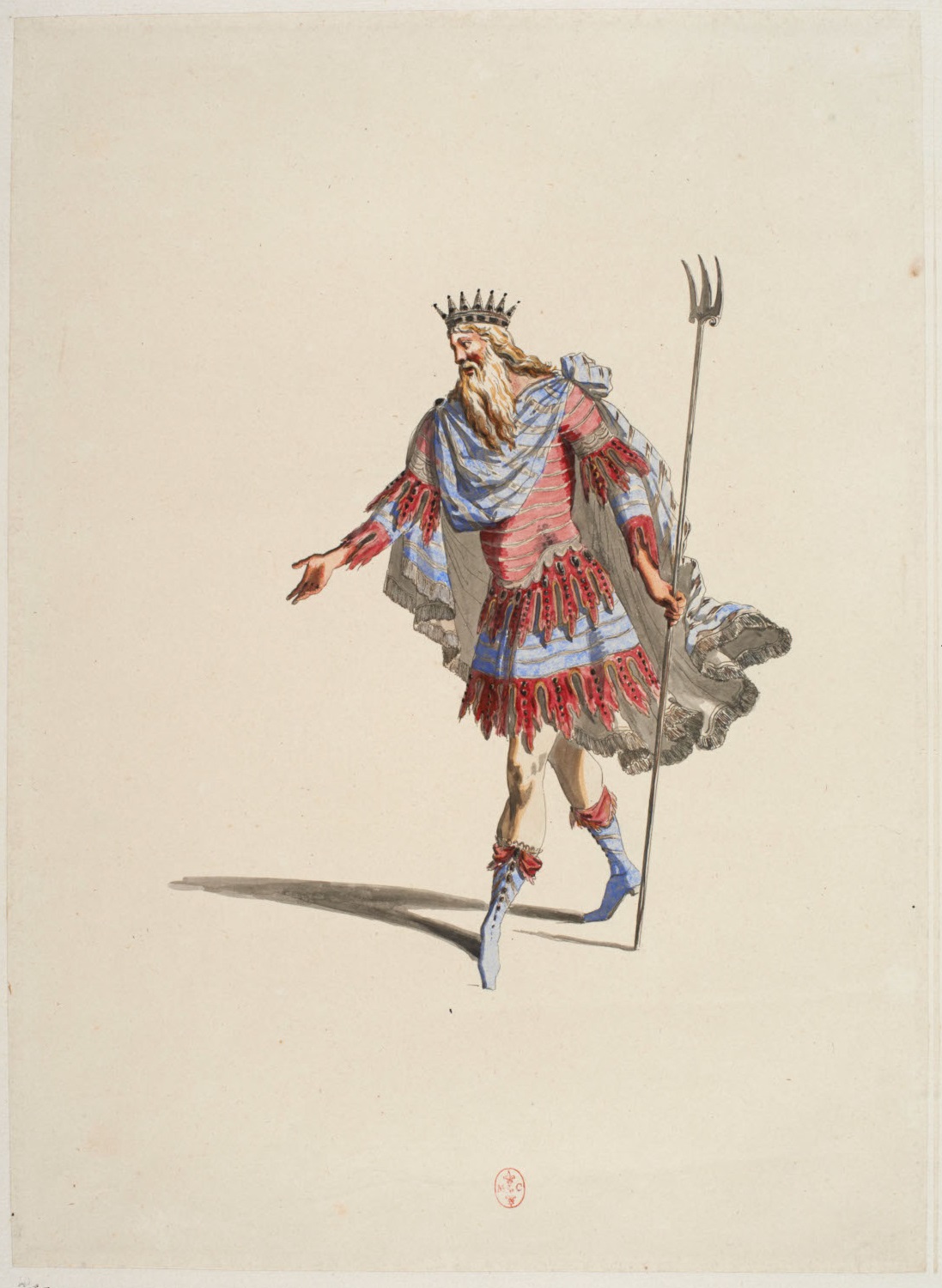 Jean Bérain: Costume de Neptune pour les deux dernières scènces d’Acis et Galatée (1686), 38,5 x 28 cm, Chantilly, Musée Condé, 2013.0.27.