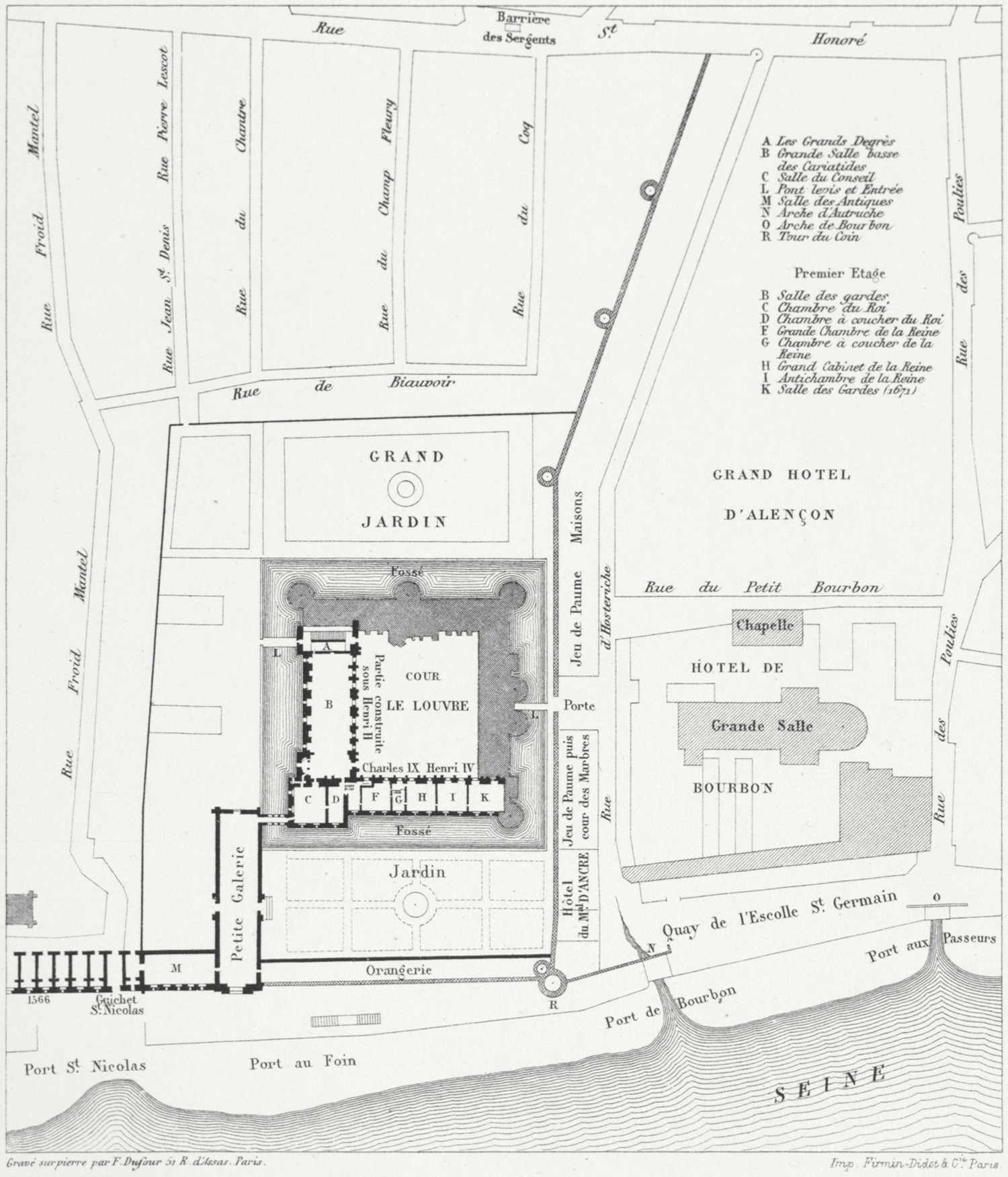 Theodor Josef Hubert Hoffbauer (1839-1922): Karte von 1595, Litografie. Paris 1885. Public domain: Deutlich hervorgehoben sieht man auf dem Grundriss die „grande salle“, also den rechteckigen Theaterraum des Hôtel de Bourbon, genannt Petit-Bourbon, das an den Louvre grenzt