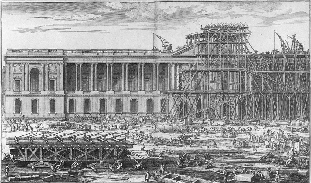 Sébastien Le Clerc: Représentation des machines qui ont servi à élever les deux grandes pierres qui couvrent le fronton de la principale entrée du Louvre. 1674, Grafik 1677, public domain