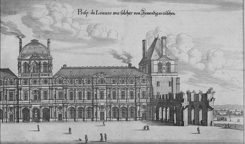 Israël Silvestre: La cour carré du Louvre vue vers l’ouest en 1642, à la fin du règne de Louis XIII