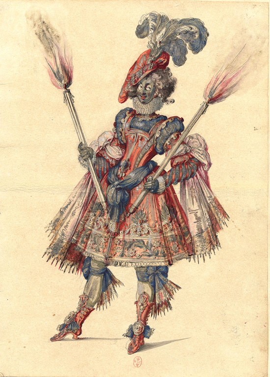 Aquarellzeichnung <i>Armure</i> [,Rüstung‘], vermutlich von Jacques de Bellange; gehört zu 23 Zeichnungen, die 1854 in London von Henri d'Orléans, Herzog von Aumale, gekauft worden sind, 55,5 x 42,5 cm, Inventarnummer: DE 1157.