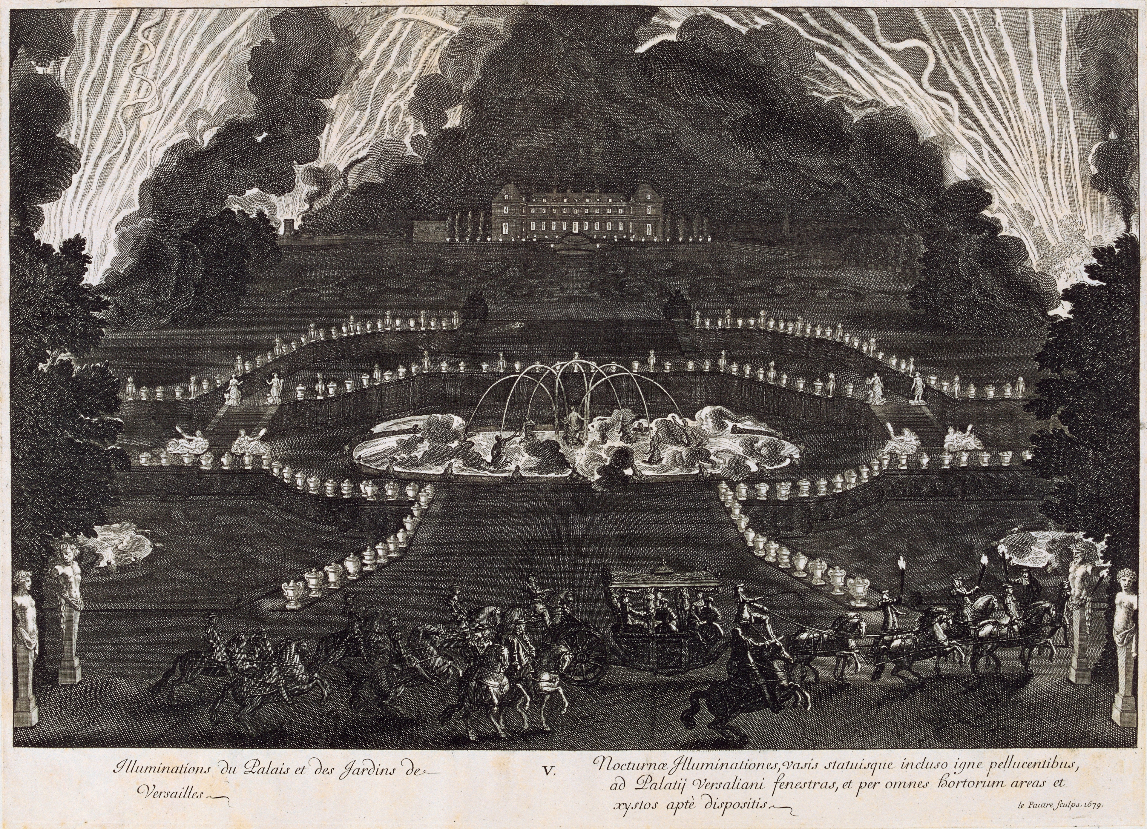 Radierung <i>Beleuchtung des Palasts und der Gärten von Versailles während der Festivitäten Ludwigs XIV im Jahr 1668</i> von Jean Le Pautre, 1679, 45 x 63 cm, Bildnummer: 2.00064470, bbk/ adoc-photos.