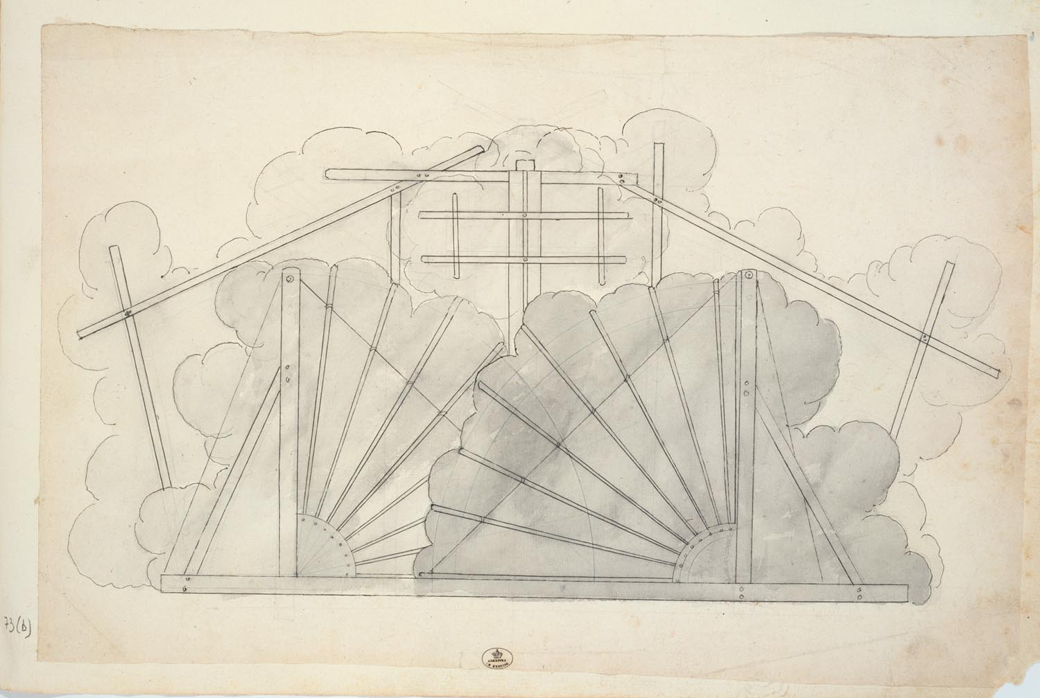 Zeichnung von Jean Bérain: Maschine, die der «gloire» ermöglicht, sich zu öffnen, 27,3 x 42,4 cm, in: <i>Recueils des Menus Plaisirs du roi</i>, Inventaire par Jérôme de La Gorce, Centre André Chastel, UMR 8150 CNRS, Université Paris IV, N° notice: MP-00090, Série: Fonds de la Maison du roi sous l'Ancien Régime (sous-série O/1), Inventar-nummer: CP/O/1/3238, Nr. 73. Recueil de décorations de théâtre recueillies par Monsieur Levesque, garde général des magasins des Menus Plaisirs de la Chambre du Roy, Tome I, Paris, 1752.