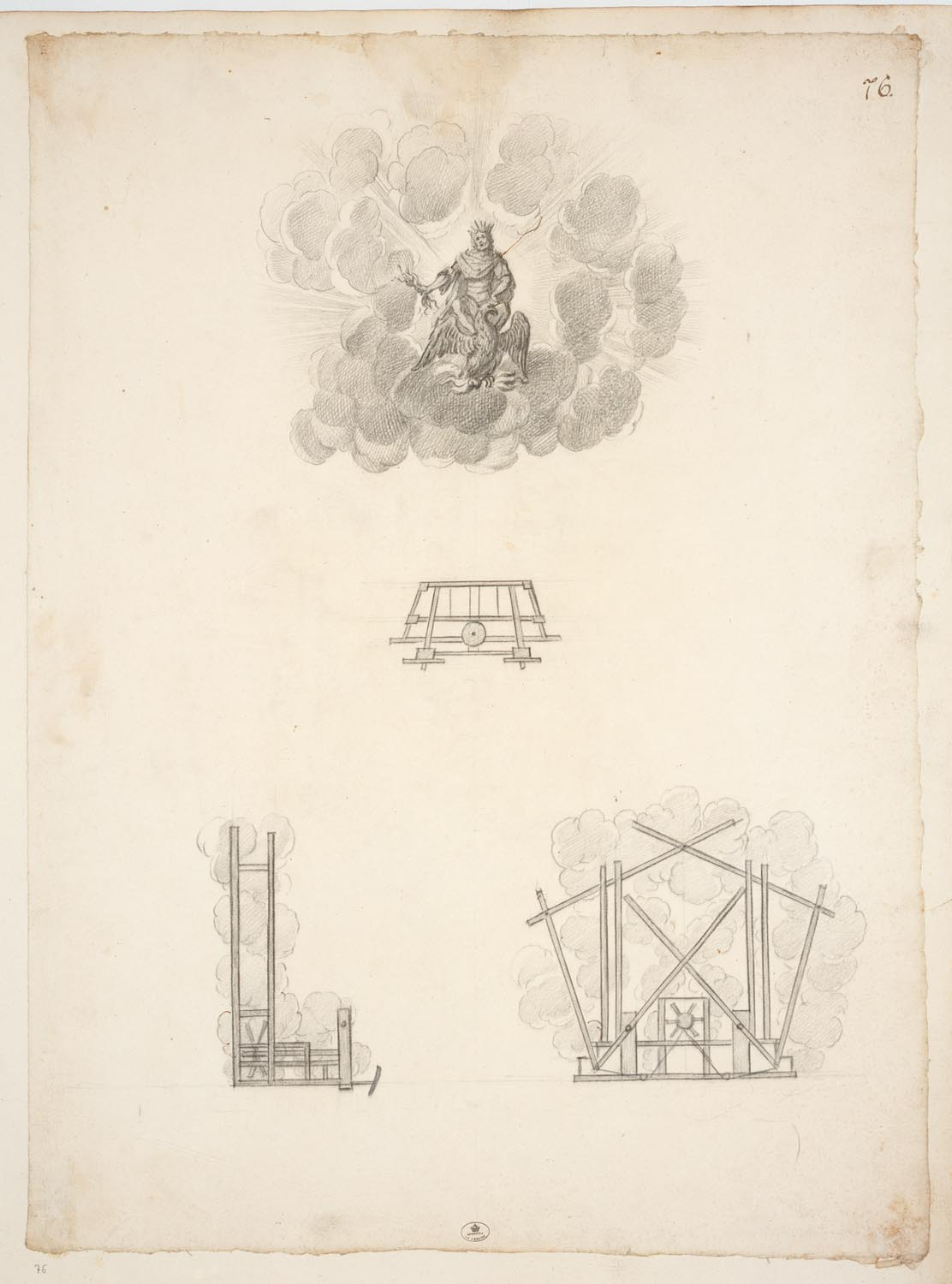 Zeichnung von Jean Bérain: <strong>Jupitermaschine</strong>, 57 x 41,7 cm, in: <i>Recueils des Menus Plaisirs du roi</i>, Inventaire par Jérôme de La Gorce, Centre André Chastel, UMR 8150 CNRS, Université Paris IV, N° notice: MP-00609, Série: Fonds de la Maison du roi sous l'Ancien Régime (sous-série O/1), Inventarnummer: CP/O/1/3242/A, Nr. 76. Recueil de déco-rations de théâtre recueillies par Monsieur Le-vesque, garde général des magasins des Menus Plaisirs de la Chambre du Roy, Tome V, Paris, 1752.